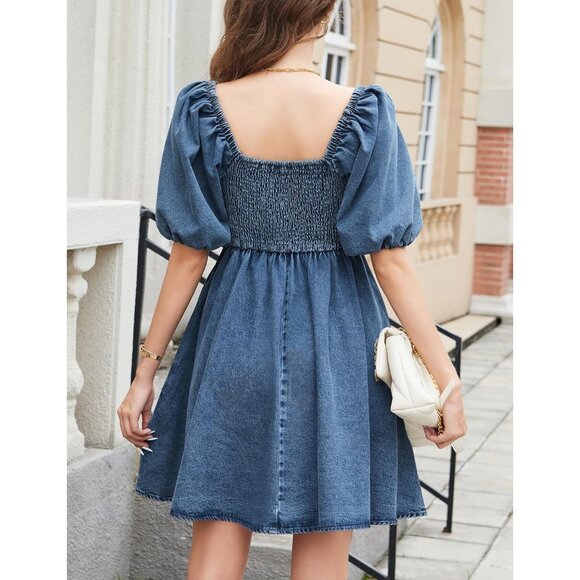 Denim Dress Cotton Blend Medium Blue Babydoll Pockets Casual Women - Picture 3 of 5